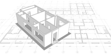 Ev inşaatı kavramı. Mimari plan, teknik proje. Mühendislik tasarımı. Vektör..