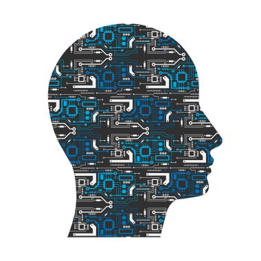 Elektronik başlık. Yapay Zeka. Devre kartlı insan yüzü..