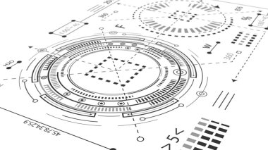 Teknik çizim. Yuvarlak parçaların dönme mekanizması. Makine teknolojisi. Teknoloji geçmişi. HUD ögeleri 3d illüstrasyon.
