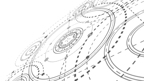 技術の背景歯車の技術図面工学概念円形部品の回転機構 3Dイラスト — ストック写真