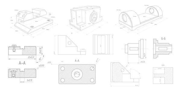 Technische Zeichnung Von Details Konstruktion Der Ingenieurstechnologie Eine Reihe Mechanischer — Stockvektor