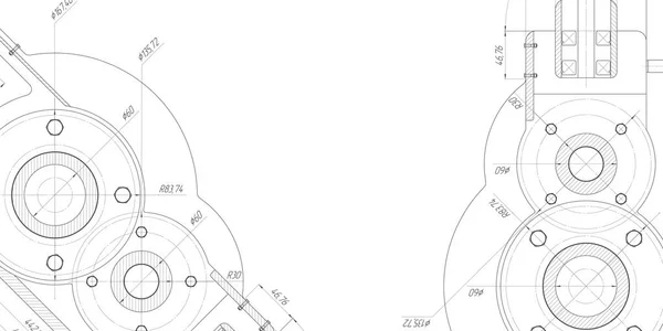 Dişlilerin teknik çizimi. Yuvarlak parçaların dönen mekanizması. Makine teknolojisi. Vektör illüstrasyonu.
