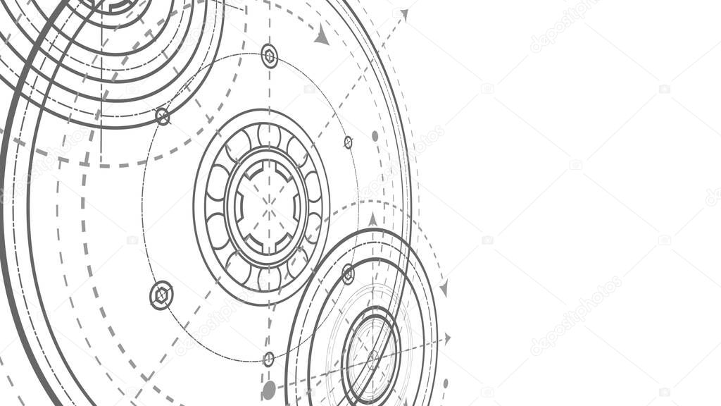 Technology background .Technical drawing of gears .Engineering concept.Rotating mechanism of round parts . 3d illustration.