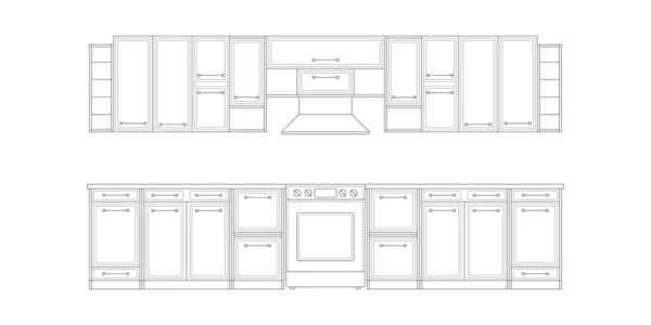 Rysunek Kuchni Architektoniczny Liniowy Szkic Wnętrza Kuchnia Widok Przodu Nowoczesne — Wektor stockowy