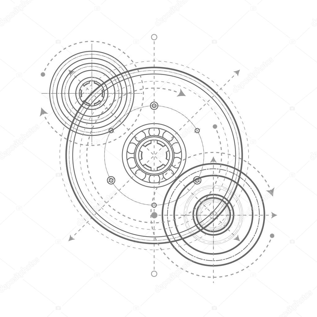 Engineering drawing with circles and geometric parts of mechanism. Technical plan .Linear gears.Vector illustration.