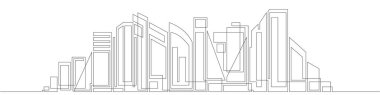 Modern şehir manzarası tek sıra halinde. Şehir gökdelenleri. Mimari panoramik manzara. Gökdelenlerin, binaların çizimi..