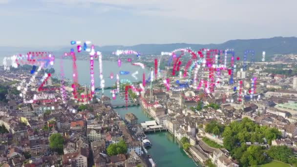 Цюрих, Швейцария. Панорама города с воздуха. Вид на озеро Цюрих. Истечение срока годности реки Лиммат. 4K — стоковое видео