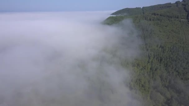 Fliegen über den Wolken. Küste des Baikalsees. Berge, die mit Wald bedeckt sind. Russland. 4K — Stockvideo