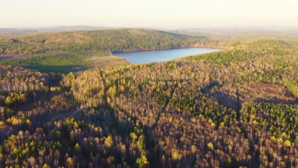 Ecaterimburgo, Rússia. Lago Peschanoye (Sandy) é retangular em forma cercada por floresta no outono. Hora do pôr-do-sol. 4K — Vídeo de Stock