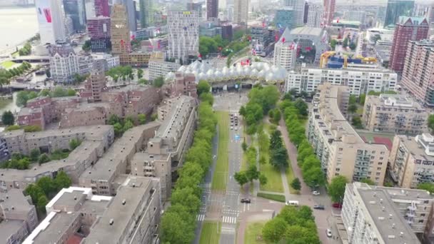 Rotterdam, Holandia. Panorama biznesowej części miasta. Domy sześcienne (Kijk-Kubus) i Hala Targowa (Markthol). 4K — Wideo stockowe