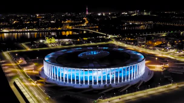 Niżny Nowogród, Rosja. Stadion Niżny Nowogród. Widok z powietrza w nocy. 4K — Wideo stockowe