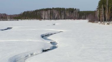 Dolly zoom. Ormanla kaplı bir bataklıkta kışın uçmak. Karda küçük bir nehir