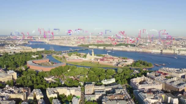 San Petersburgo, Rusia. Río Neva. Vista aérea panorámica de la isla Hare y la isla Artelery. La fortaleza de Peter-Pavel. Puente Trinity. 4K — Vídeos de Stock