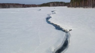 Dolly zoom. Ormanla kaplı bir bataklıkta kışın uçmak. Karda küçük bir nehir