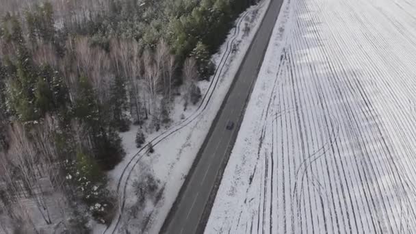 Niebieski samochód jedzie po drodze. Wokół pola i lasu jest pokryty śniegiem. Rosja, Ural. 4K — Wideo stockowe
