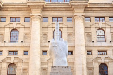 Milan, Italy - July 7, 2019: Monument to the Middle Finger or L.O.V.E. Author - Maurizio Cattelan clipart