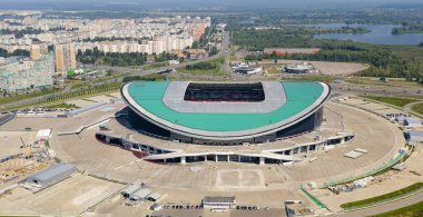 Kazan, Rusya - 6 Ağustos 2020: Ak Bar Arena 'nın havadan görünüşü. 2018 FIFA Dünya Kupası, Havadan Görünüm  