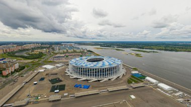 Nizhny Novgorod, Rusya - 8 Ağustos 2020 Nizhny Novgorod Stadyumu. Hava görünümü