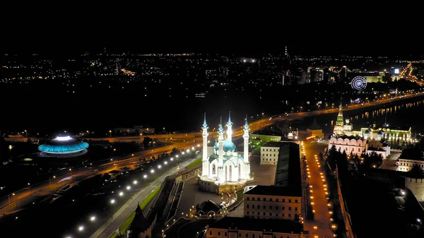 Kazan Rusko Mešita Kula Sharifa Letecký Pohled Kazanský Kreml Noc — Stock fotografie