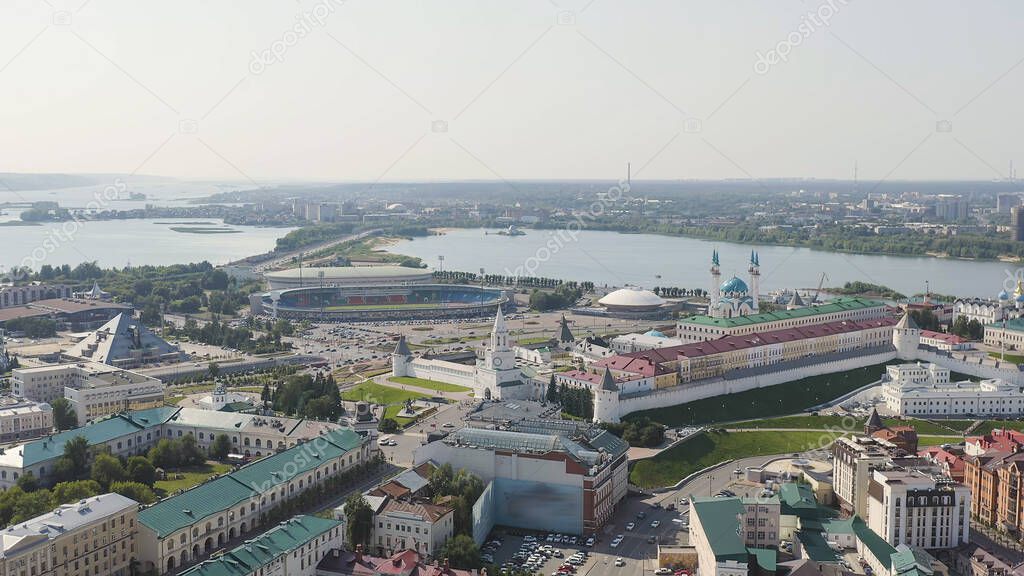 Kazan, Russia. Aerial view of the Kazan Kremlin. Spasskaya Tower, Aerial View  