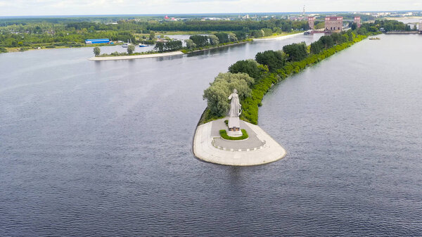 Rybinsk, Russia - August 16, 2020: Statue of Mother Volga. The system locks Rybinsk reservoir, Aerial View  