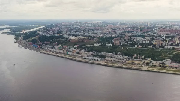 Nizhny Novgorod Rusia Panorama Ciudad Desde Aire Texto Edificio Traducido —  Fotos de Stock