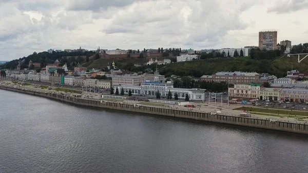 Niżny Nowogród Rosja Panorama Miasta Powietrza Tekst Budynku Przetłumaczony Język — Zdjęcie stockowe