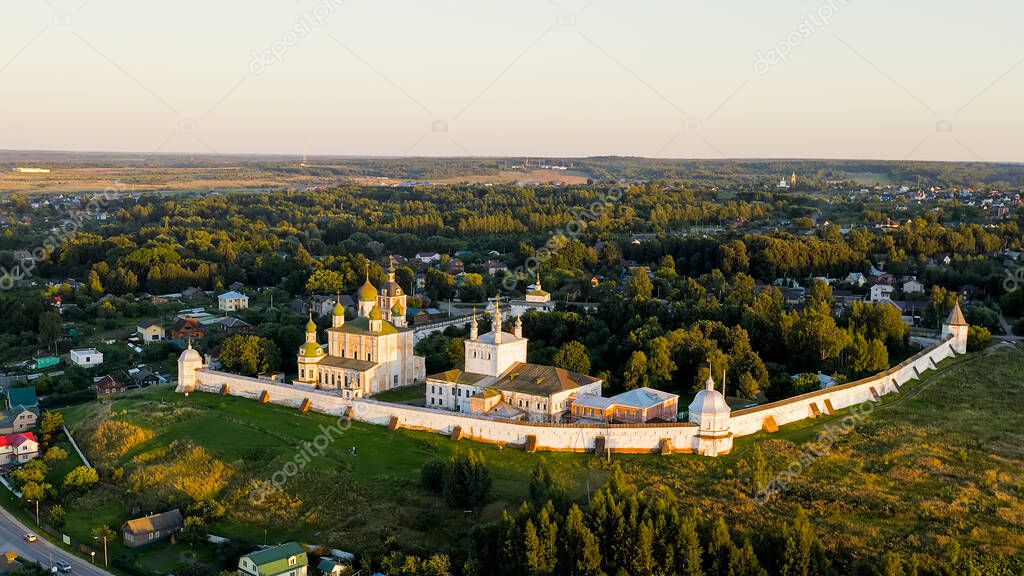 Pereslavl-Zalessky, Russia. The Dormition Goritsky Monastery is a former Orthodox monastery. In the light of the setting sun, Aerial View  