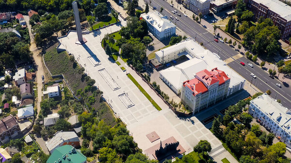 Voronezh, Russia - August 23, 2020: Victory Square. Monument to the Liberators of Voronezh, Aerial View