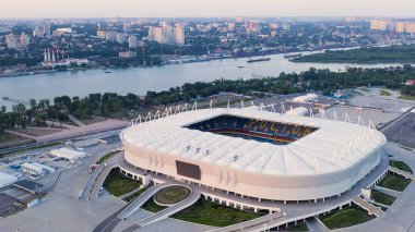 Rostov-on-Don, Rusya - 25 Ağustos 2020: Rostov Arena. Futbol stadyumu, Rostov-on-Don 'da futbol şampiyonası. Günbatımı Saati, Hava Görünümü  