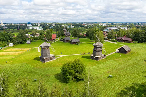 Suzdal Rusko Dřevěné Větrné Mlýny Století Letecký Pohled — Stock fotografie