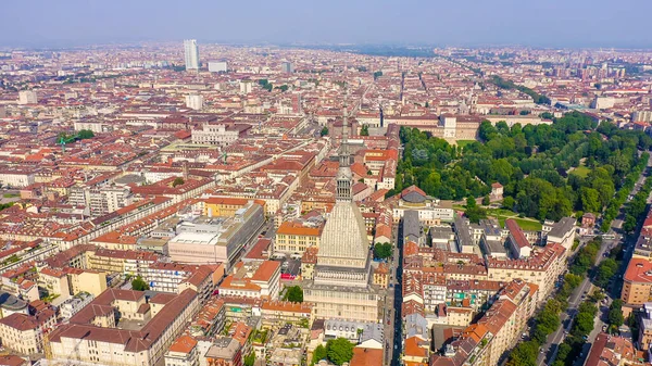 Turijn Italië Vlucht Stad Mole Antonelliana Een 19E Eeuws Gebouw — Stockfoto