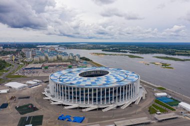 Nizhny Novgorod, Rusya - 8 Ağustos 2020 Nizhny Novgorod Stadyumu. Hava görünümü