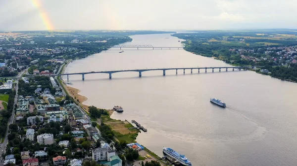 Kostroma Ryssland Flyg Över Volga Kryssningsfartyg Segel Volga Floden Regnbåge — Stockfoto