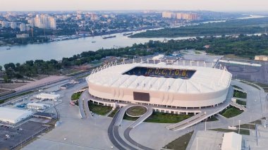 Rostov-on-Don, Rusya - 25 Ağustos 2020: Rostov Arena. Futbol stadyumu, Rostov-on-Don 'da futbol şampiyonası. Günbatımı Saati, Hava Görünümü  
