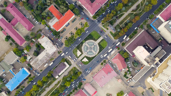 Krasnodar, Russia. Alexandrovsky Boulevard. Monument to the Holy Great Martyr Catherine with a fountain. Triumphal Arch. Aerial view, Aerial View, HEAD OVER SHOT