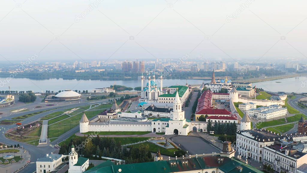 Kazan, Russia. Aerial view of the Kazan Kremlin in the early morning. Spasskaya Tower, Aerial View  