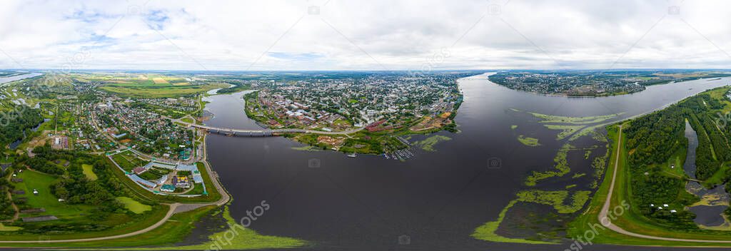 Kostroma, Russia. The confluence of the Kostroma and Volga rivers. Aerial view. Panorama 360