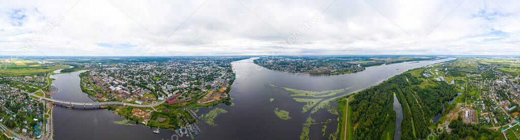 Kostroma, Russia. The confluence of the Kostroma and Volga rivers. Aerial view. Panorama 360