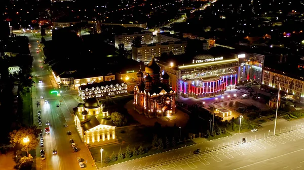Toula Russie Vue Aérienne Ville Nuit Cathédrale Assomption Texte Sur — Photo