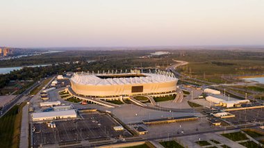 Rostov-on-Don, Rusya - 25 Ağustos 2020: Rostov Arena. Futbol stadyumu, Rostov-on-Don 'da futbol şampiyonası. Günbatımı Saati, Hava Görünümü  