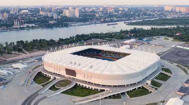 Rostov-on-Don, Rusya - 25 Ağustos 2020: Rostov Arena. Futbol stadyumu, Rostov-on-Don 'da futbol şampiyonası. Günbatımı Saati, Hava Görünümü  