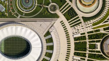 Krasnodar, Rusya - 29 Ağustos 2020: Krasnodar - Krasnodar şehrindeki bir futbol stadyumu. Halk Parkı Krasnodar (Galitsky Parkı). Yaz hava manzarası, Hava manzarası  