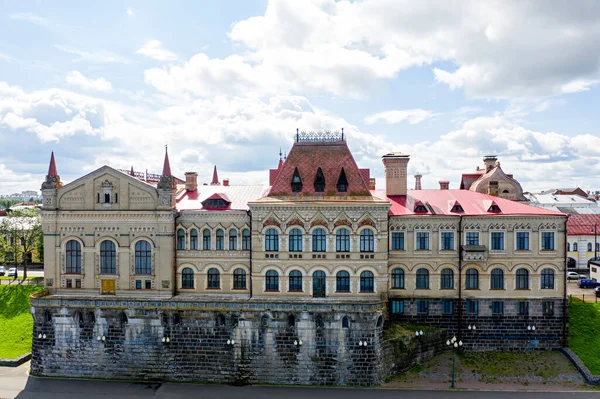 Rybinsk, Russia. The building of the former Bread Exchange. Volga river embankment. Aerial view