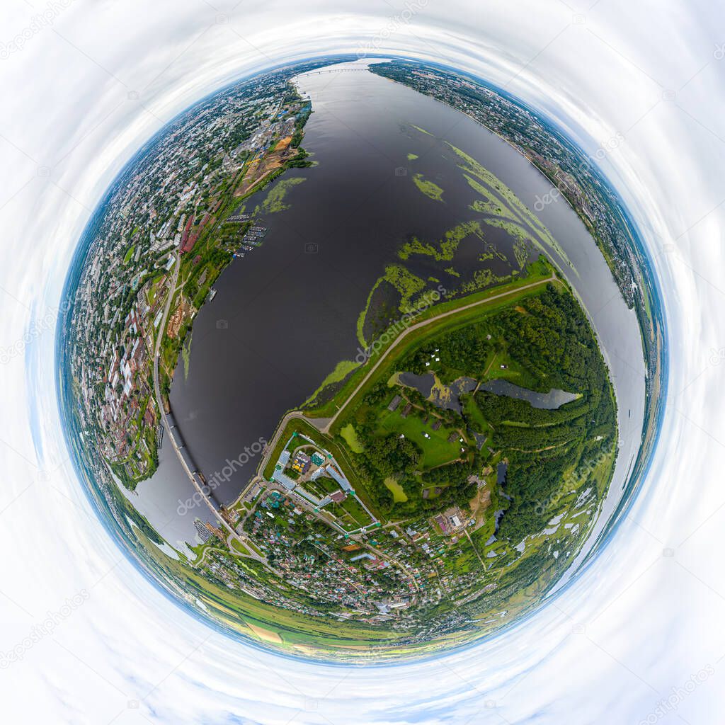 Kostroma, Russia. The confluence of the Kostroma and Volga rivers. Aerial view. 360 degree aerial panoramic asteroid