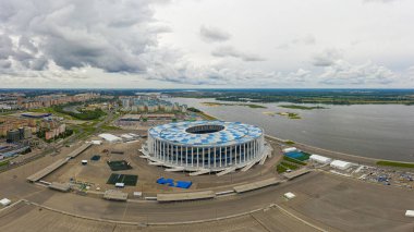 Nizhny Novgorod, Rusya - 8 Ağustos 2020 Nizhny Novgorod Stadyumu. Hava görünümü