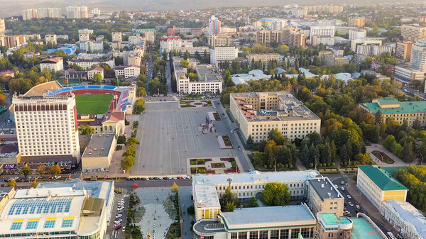 Stavropol, Russia - September 17, 2020: Lenin Square. Dynamo Stadium, Duma of the Stavropol Territory. Sunset time, Aerial View