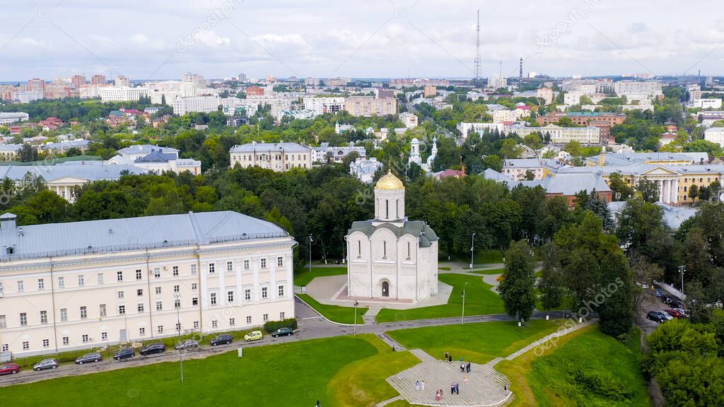 Russia, Vladimir. Flight over the city. Dmitrievsky Cathedral - Monumental Cathedral of the XII century, Aerial View  