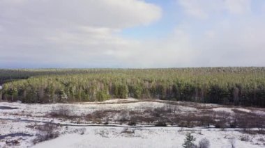 Çam ormanının kenarında. Tarlalarda ve ağaçlarda kar. Bulutlar ve güneş. 4K