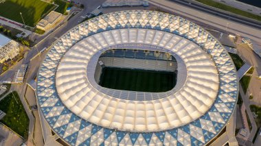 Volgograd, Rusya - 19 Eylül 2020 Volgograd Arena, ROTOR Stadyumu. Günbatımında görüntüle, Hava Görünümü  